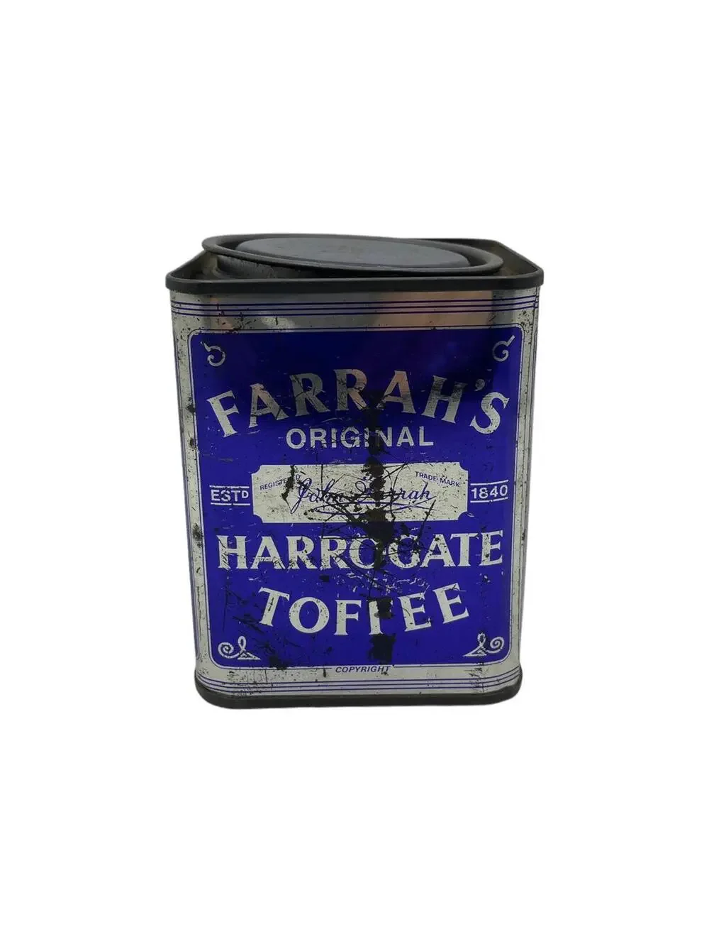 Vintage Farrah's Toffee Tin: English Blue & Silver Lidded Box